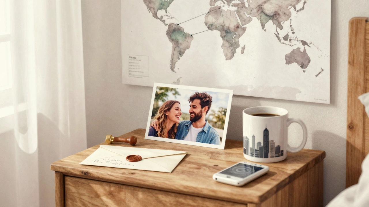 A nightstand with a handwritten letter, photo, coffee mug, and playlist device under soft morning light.
