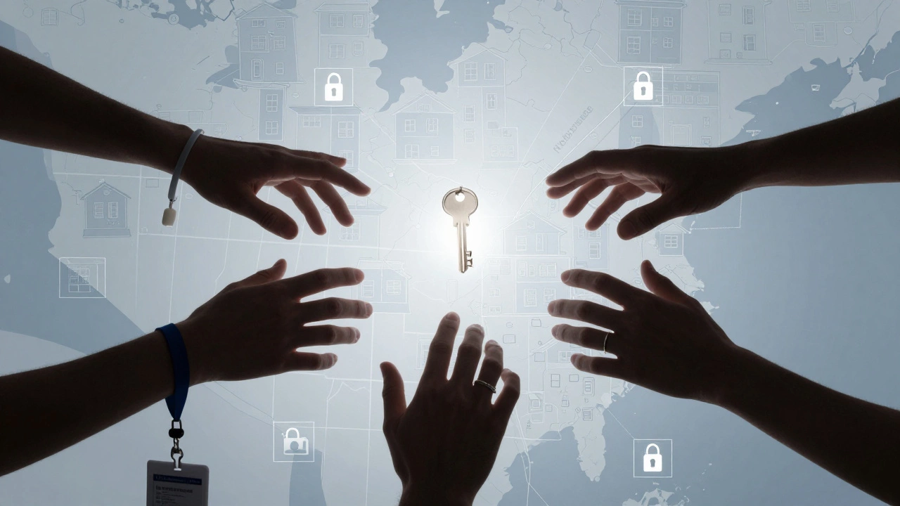 Three hands reaching for a glowing key above a map of Toulouse, symbolizing autonomy and hidden work.