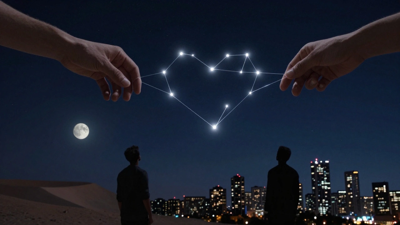 Two hands reaching across a starry sky, connected by glowing threads forming a constellation heart.