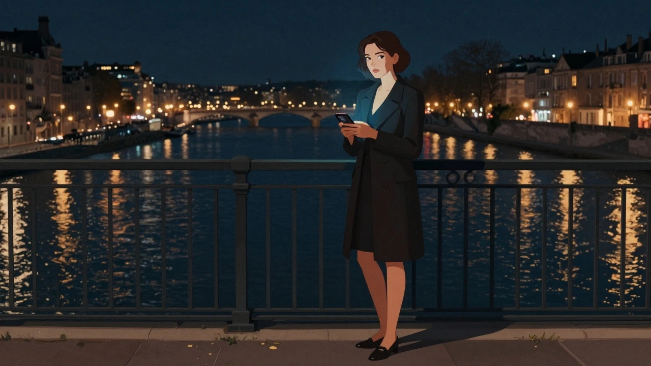 Woman on a bridge over the Garonne River at night, holding a smartphone, city lights shimmering below.